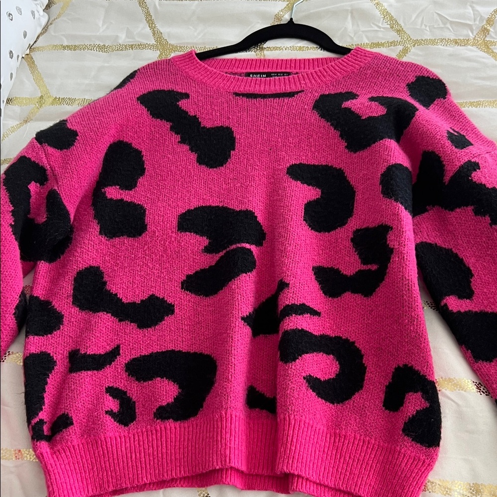 SHEIN Vibrant Pink and Black Patterned Sweater